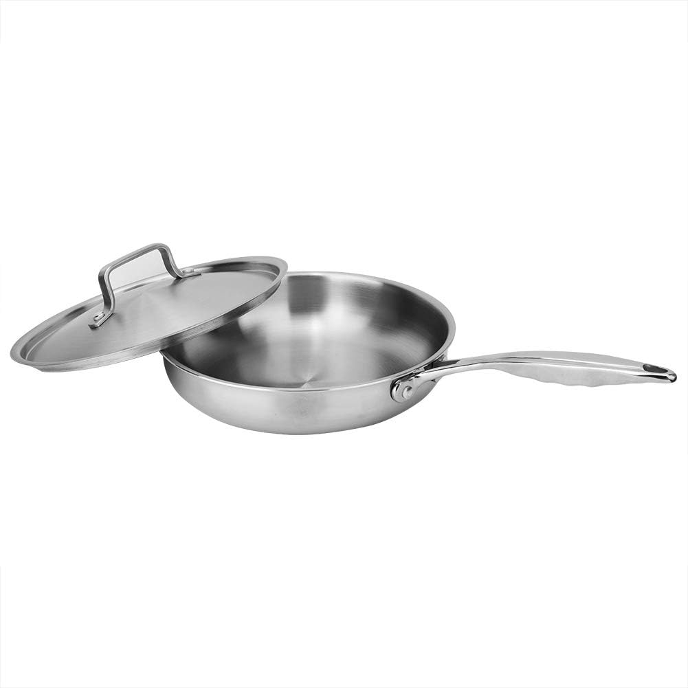 Non-Ctick Wok Saucepan Uncoated 304/403 Stainless Steel Aluminum Three Layer Flat Frying Pan 24cm with Pot Cover Kitchen Cooking Tool(