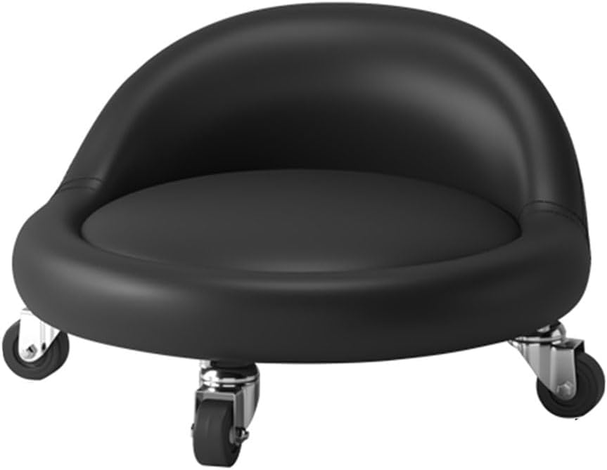 Low Roller Stool with 360° Swivel Wheels, Low-Height Short Rolling Stool Seat, PU Leather Small Mechanic Chair, Rolling Stools with Backrest for Pedicure, Garage, Shop, Library Black