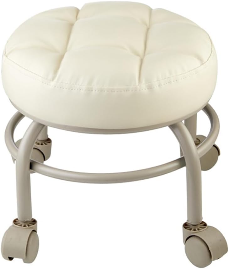 Heavy-Duty Low Roller Stool with 360° Swivel Wheels, 660-lb Load Capacity, Low-Height Short Rolling Stool Seat, PU Leather Small Mechanic Chair, Rolling Stools for Garage, Shop, Libra White