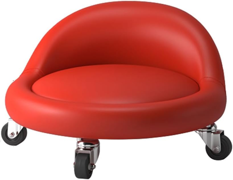Low Roller Stool with 360° Swivel Wheels, Low-Height Short Rolling Stool Seat, PU Leather Small Mechanic Chair, Rolling Stools with Backrest for Pedicure, Garage, Shop, Library red