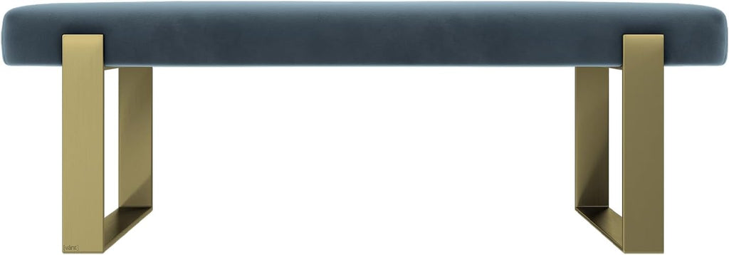 VANT Upholstered Bed Bench - Velvet Peacock Blue- Burnished Brass - Contemporary Modern, Bedroom Bench Seat, Hallway, or Entryway