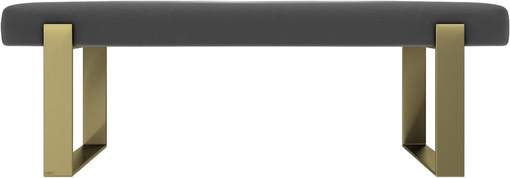 VANT Upholstered Bed Bench - Vintage Leather Grey Pewter - Burnished Brass - Contemporary Modern, Bedroom Bench Seat, Hallway, or Entryway