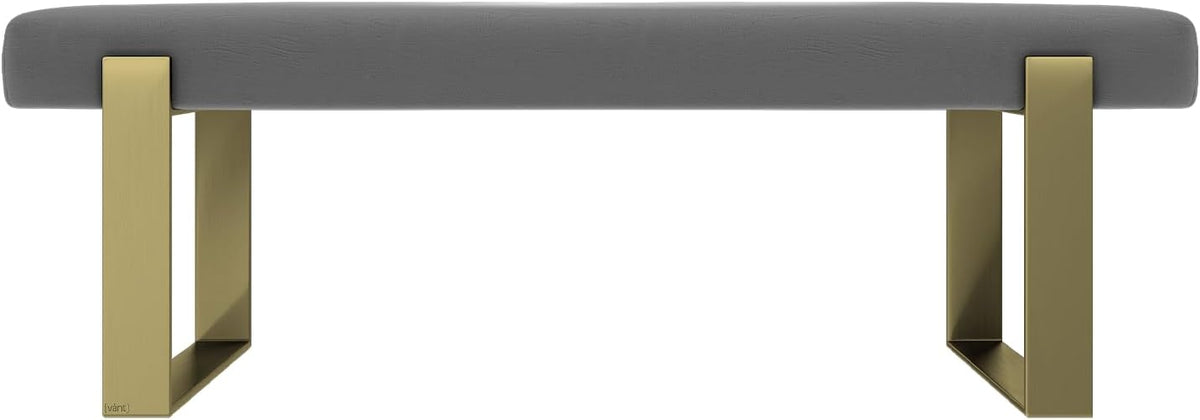 VANT Upholstered Bed Bench - Vintage Leather Light Grey - Burnished Brass - Contemporary Modern, Bedroom Bench Seat, Hallway, or Entryway
