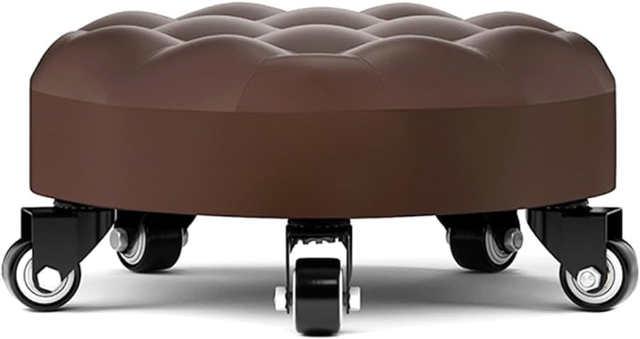 Heavy-Duty Low Roller Stool with 360° Swivel Wheels, Ottoman Footstool, Low-Height Short Rolling Stool Seat, PU Leather Small Mechanic Chair, Rolling Stools for Garage, Shop, Library Brown