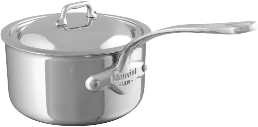 Mauviel M'Cook 5-Ply Polished Stainless Steel Sauce Pan With Lid, And Cast Stainless Steel Handle, 6-Qt, Made In France
