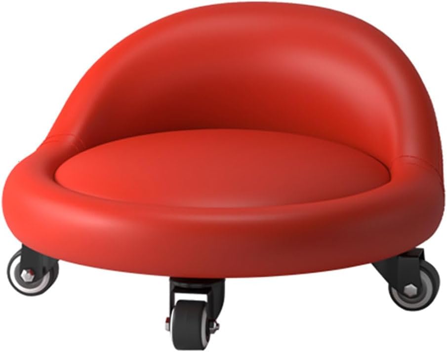 Low Roller Stool with 360° Swivel Wheels, Low-Height Short Rolling Stool Seat, PU Leather Small Mechanic Chair, Rolling Stools with Backrest for Pedicure, Garage, Shop, Library red