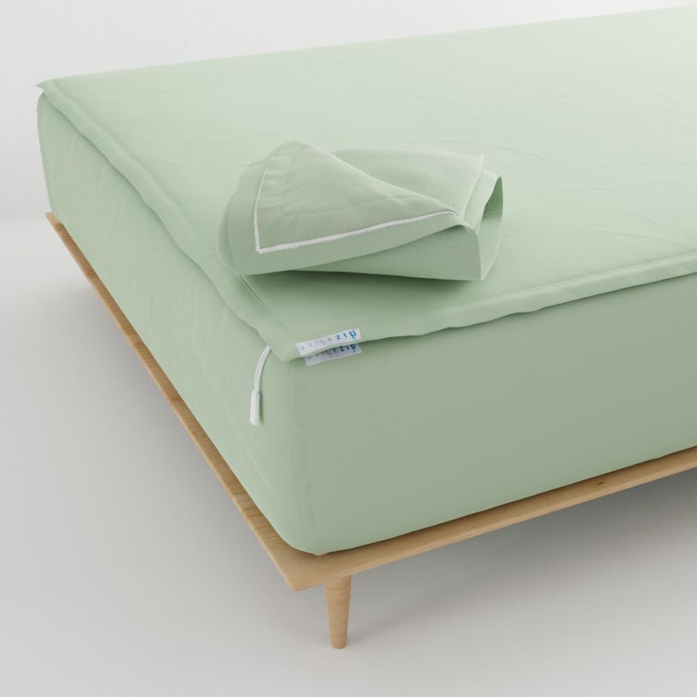 QuickZip Fitted Plus Spare Bundle: 1 Fitted & 1 Zip Sheet - Easy Change, Won't Pop Off - Soft Percale 400 TC 100% Cotton - 15' Deep Pockets Twin XL Size Sheets Sage
