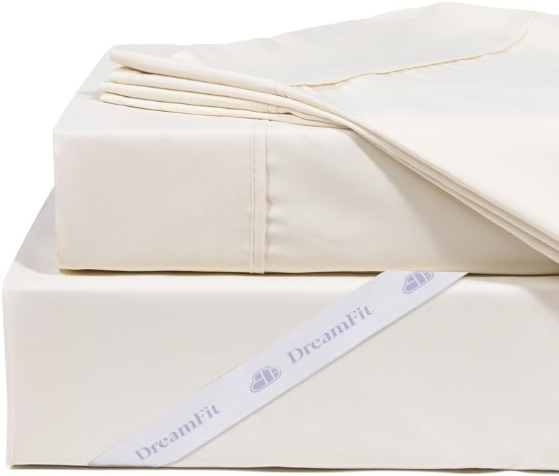DreamFit DreamCool 100% Egyptian Cotton Cooling Bed Sheet Set with Elastic Corner Straps Extra Deep Pocket Crafted in USA Twin Sheet Set Ivory