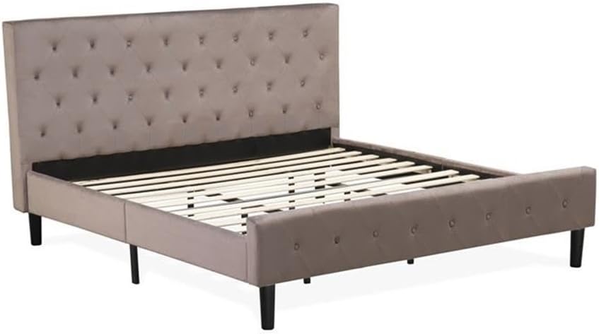 East West Furniture NL14K-1GA07 2 Piece Bedroom Set - King Size Button Tufted Bed - Brown Taupe Velvet Fabric Upholstered Headboard and a Distressed Jacobean Finish Nightstand