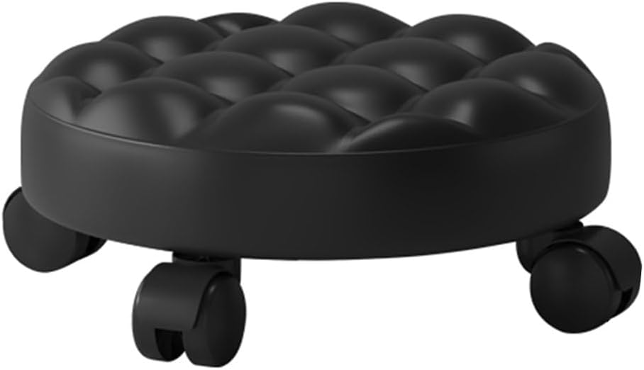 Heavy-Duty Low Roller Stool with 360° Swivel Wheels, Ottoman Footstool, Low-Height Short Rolling Stool Seat, PU Leather Small Mechanic Chair, Rolling Stools for Garage, Shop, Library Black