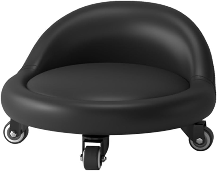 Low Roller Stool with 360° Swivel Wheels, Low-Height Short Rolling Stool Seat, PU Leather Small Mechanic Chair, Rolling Stools with Backrest for Pedicure, Garage, Shop, Library Black