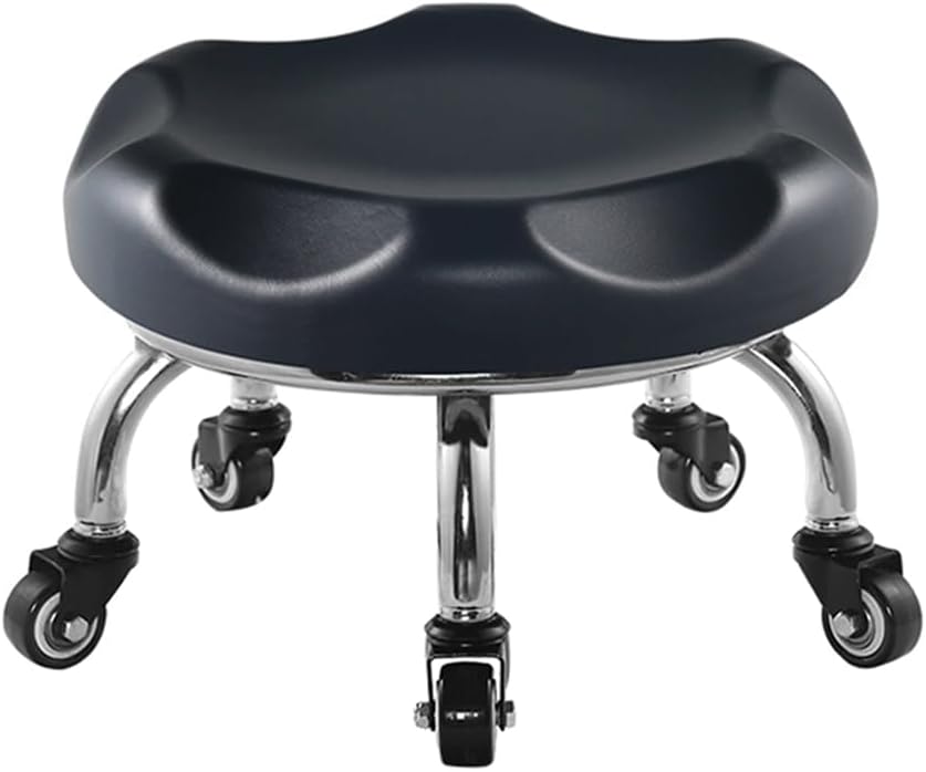 Heavy-Duty Low Roller Stool with 360° Swivel Wheels, Ottoman Footstool, Low-Height Short Rolling Stool Seat, PU Leather Small Mechanic Chair, Rolling Stools for Garage Black