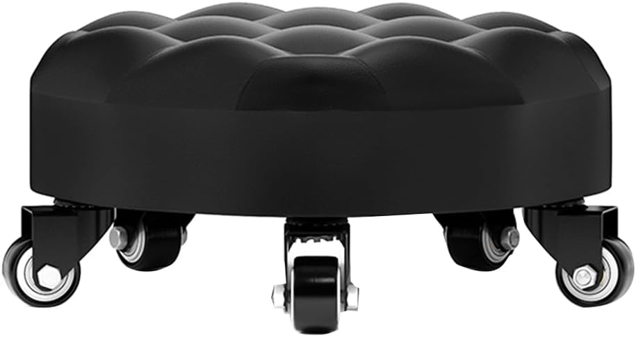 Heavy-Duty Low Roller Stool with 360° Swivel Wheels, Ottoman Footstool, Low-Height Short Rolling Stool Seat, PU Leather Small Mechanic Chair, Rolling Stools for Garage, Shop, Library Black