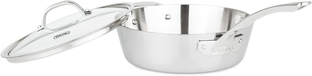 Viking Contemporary 3-Ply Deep Frying Pan with Glass Lid, 3.6 Quart Stainless Steel Saute Cooking Pot, Dishwasher and Oven Safe, Induction Ready, Silver
