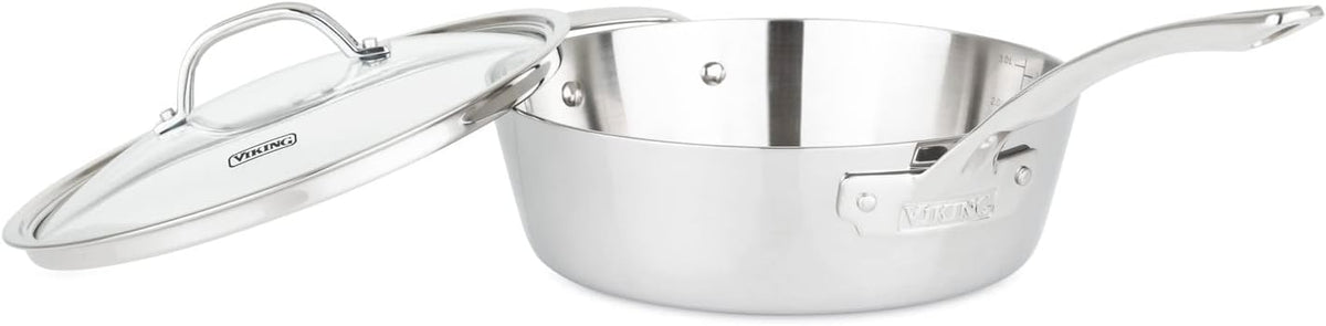 Viking Contemporary 3-Ply Deep Frying Pan with Glass Lid, 3.6 Quart Stainless Steel Saute Cooking Pot, Dishwasher and Oven Safe, Induction Ready, Silver