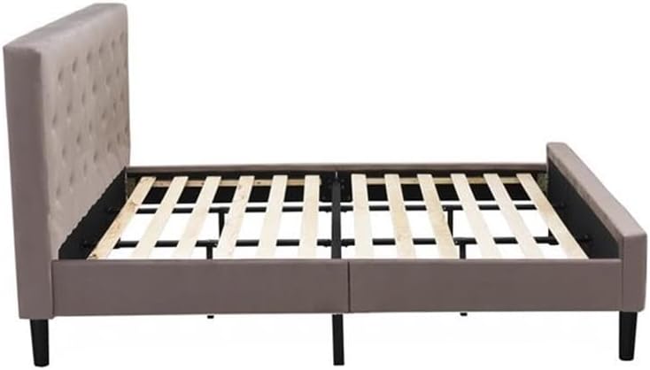 East West Furniture NL14K-1GA07 2 Piece Bedroom Set - King Size Button Tufted Bed - Brown Taupe Velvet Fabric Upholstered Headboard and a Distressed Jacobean Finish Nightstand