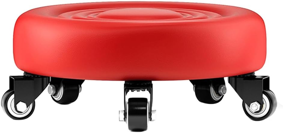 Heavy-Duty Low Roller Stool with 360° Swivel Wheels, Ottoman Footstool, Low-Height Short Rolling Stool Seat, PU Leather Small Mechanic Chair, Rolling Stools for Garage, Shop, Library red