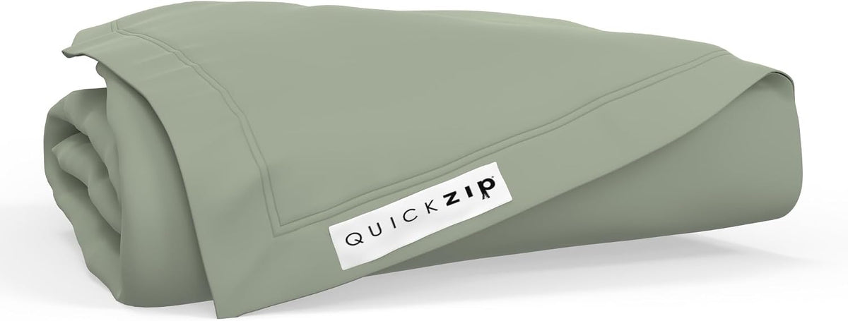 QuickZip Fitted Plus Spare Bundle: 1 Fitted Sheet (Base + Zip Sheet) & 1 Zip Sheet - Easy to Change, Won't Pop Off - Soft Percale 400 TC 100% Cotton - 13.5' Deep Pockets RV Queen Size – Moss Green