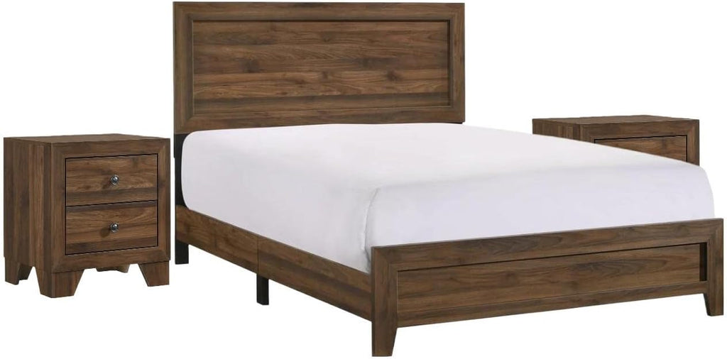 3pc Contemporary Wooden Bedroom Set King Size Panel Bed and 2 Storage Nightstands Brown Cherry Finish
