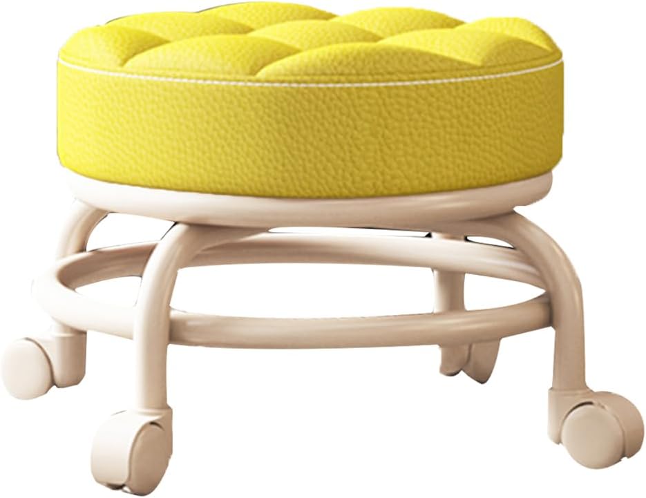 Heavy-Duty Low Roller Stool with 360° Swivel Wheels, 440-lb Load Capacity, Low-Height Short Rolling Stool Seat, PU Leather Small Mechanic Chair, Rolling Stools for Shop Yellow