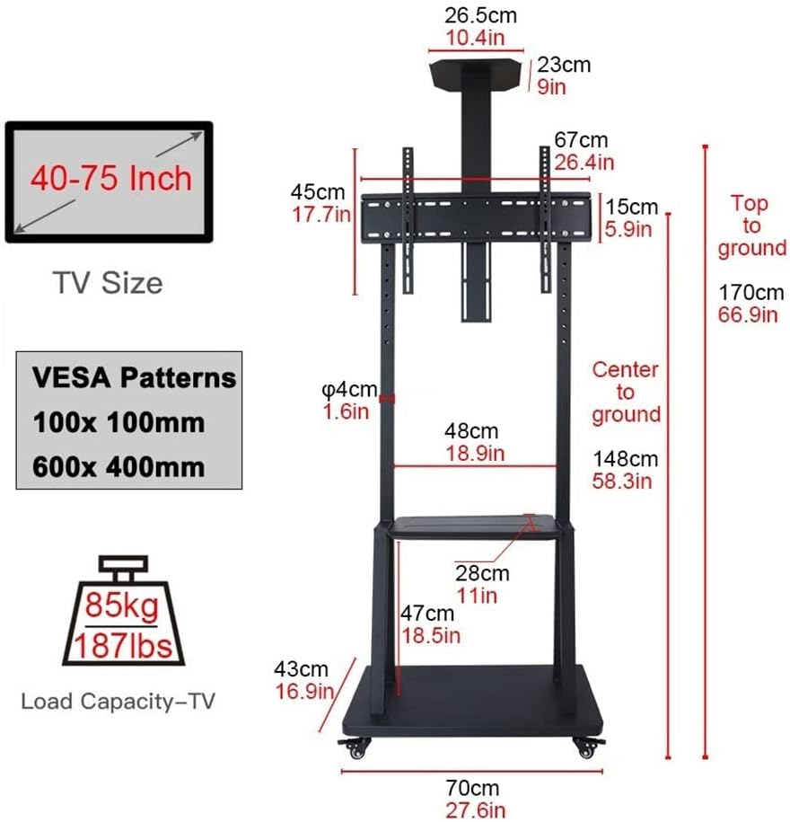 Mobile Universal TV Cart Floor Stand Tall, Heavy Duty Black Rolling TV Cart with Storage Shelf & Wheels for 42 50 55 65 70 75 Inch TV Beautiful Scenery