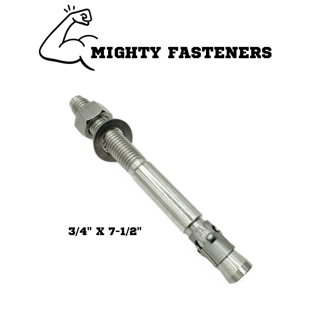 Mighty Fasteners Wedge Anchors – Heavy-Duty 304 Stainless Steel Expansion Bolts for Concrete & Masonry, Rust-Resistant & Durable - 3/4' X 7-1/2' - 10 Pack