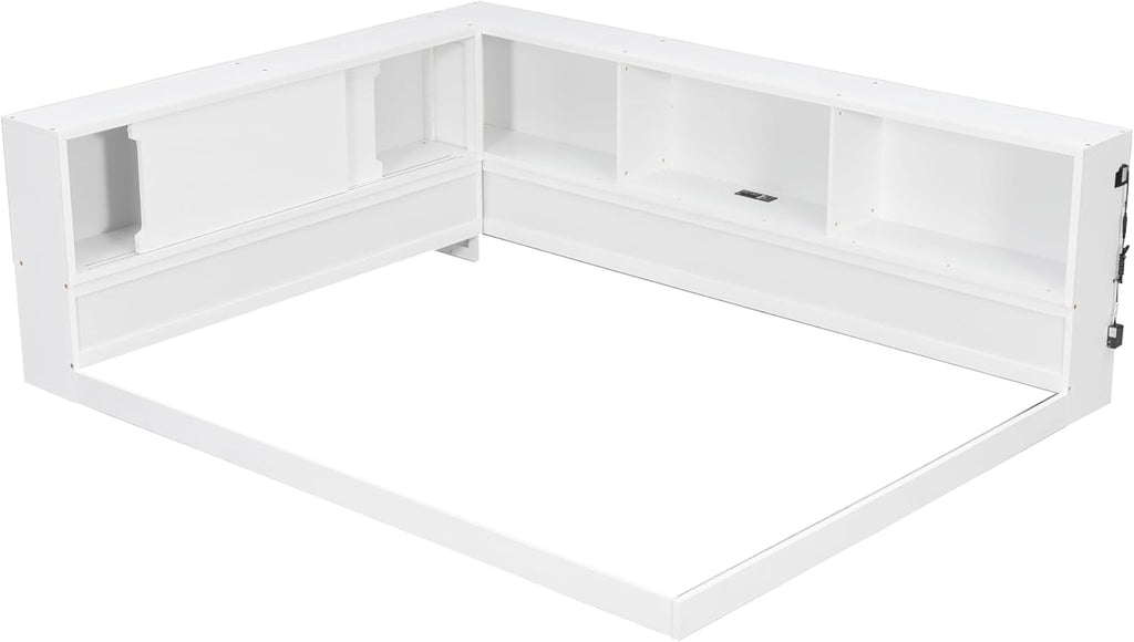 SOFTSEA Queen Size Corner Bed with Bookcase, Wood L-Shaped Floor Daybed with LED Lights & USB Ports, Floor Corner Bed Frame for Bedroom Guest Room, No Slats, White