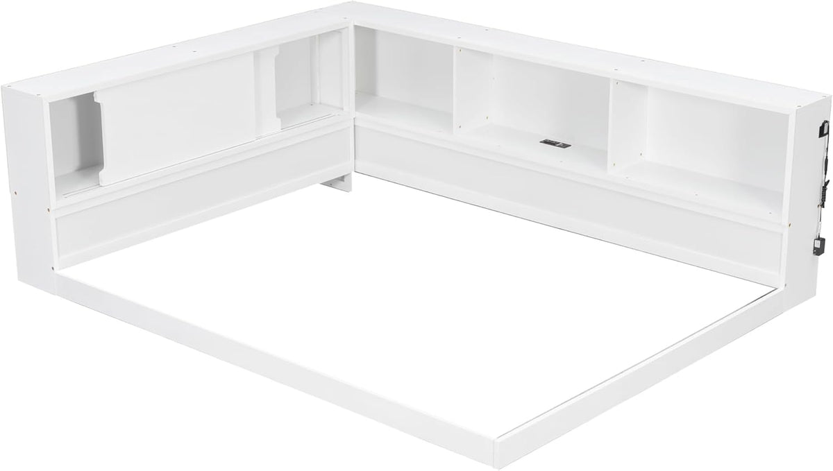SOFTSEA Queen Size Corner Bed with Bookcase, Wood L-Shaped Floor Daybed with LED Lights & USB Ports, Floor Corner Bed Frame for Bedroom Guest Room, No Slats, White