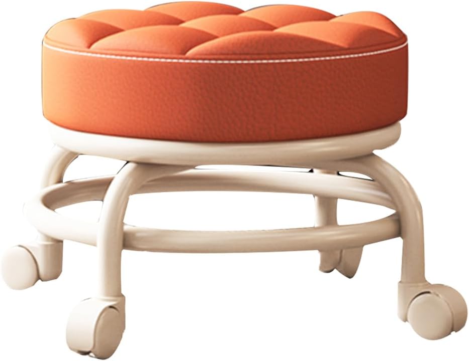 Heavy-Duty Low Roller Stool with 360° Swivel Wheels, 440-lb Load Capacity, Low-Height Short Rolling Stool Seat, PU Leather Small Mechanic Chair, Rolling Stools for Shop Orange
