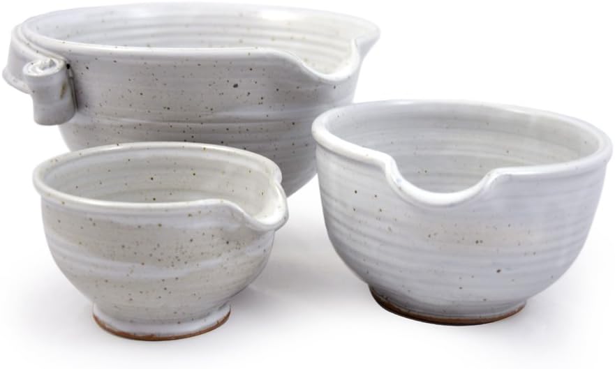 American Made Stoneware Pottery Batter Bowls, 3-Piece Nesting Set, Classic All-White Glaze
