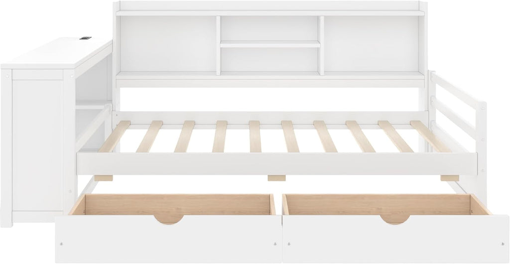 SOFTSEA Twin Size Daybed with Desk & Storage, Wood L-Shaped Corner Bed Frame with Drawers, Shelves and Charging Station or Living Room, Guest Room, White