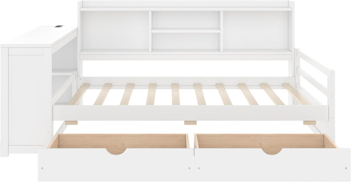 SOFTSEA Twin Size Daybed with Desk & Storage, Wood L-Shaped Corner Bed Frame with Drawers, Shelves and Charging Station or Living Room, Guest Room, White