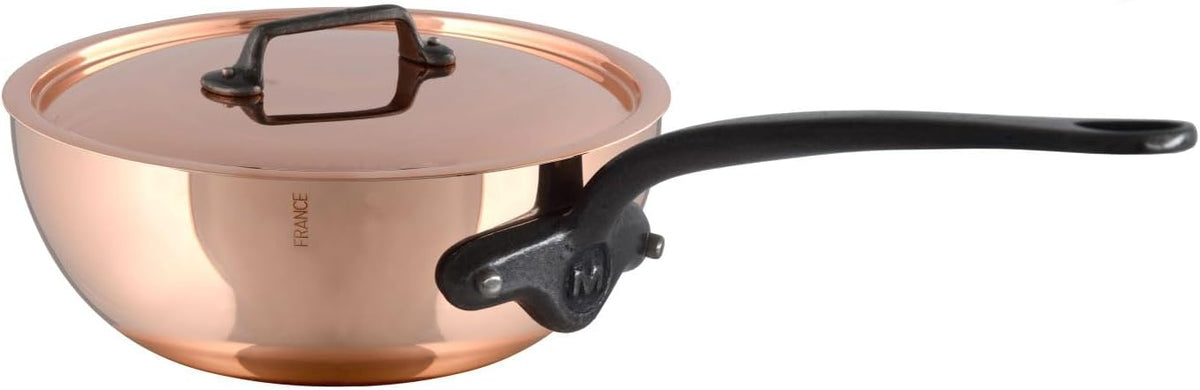 Mauviel M'Heritage M150CI 1.5mm Polished Copper & Stainless Steel Chef Pan With Lid, And Cast Iron Handles, 3.6-qt, Made in France