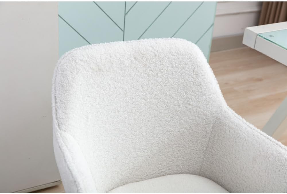 Plush Teddy Fabric Ergonomic Office Chair with Adjustable Height, 360-Degree Swivel Base, and Smooth-Rolling Casters for Home or Workspace (White Teddy + Wool + Foam)