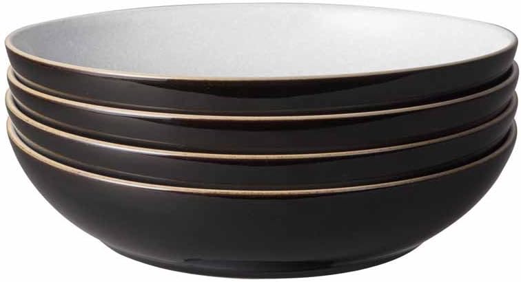 Denby - Elements Black Pasta Bowls Set of 4 - Dishwasher Microwave Safe Crockery 1050ml 22cm - Black, White Ceramic Stoneware Tableware - Chip & Crack Resistant