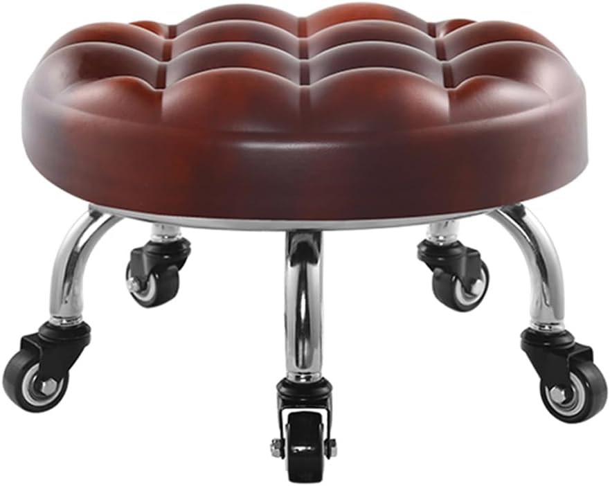 Heavy-Duty Low Roller Stool with 360° Swivel Wheels, Ottoman Footstool, Low-Height Short Rolling Stool Seat, PU Leather Small Mechanic Chair, Rolling Stools for Garage, Shop, Library red