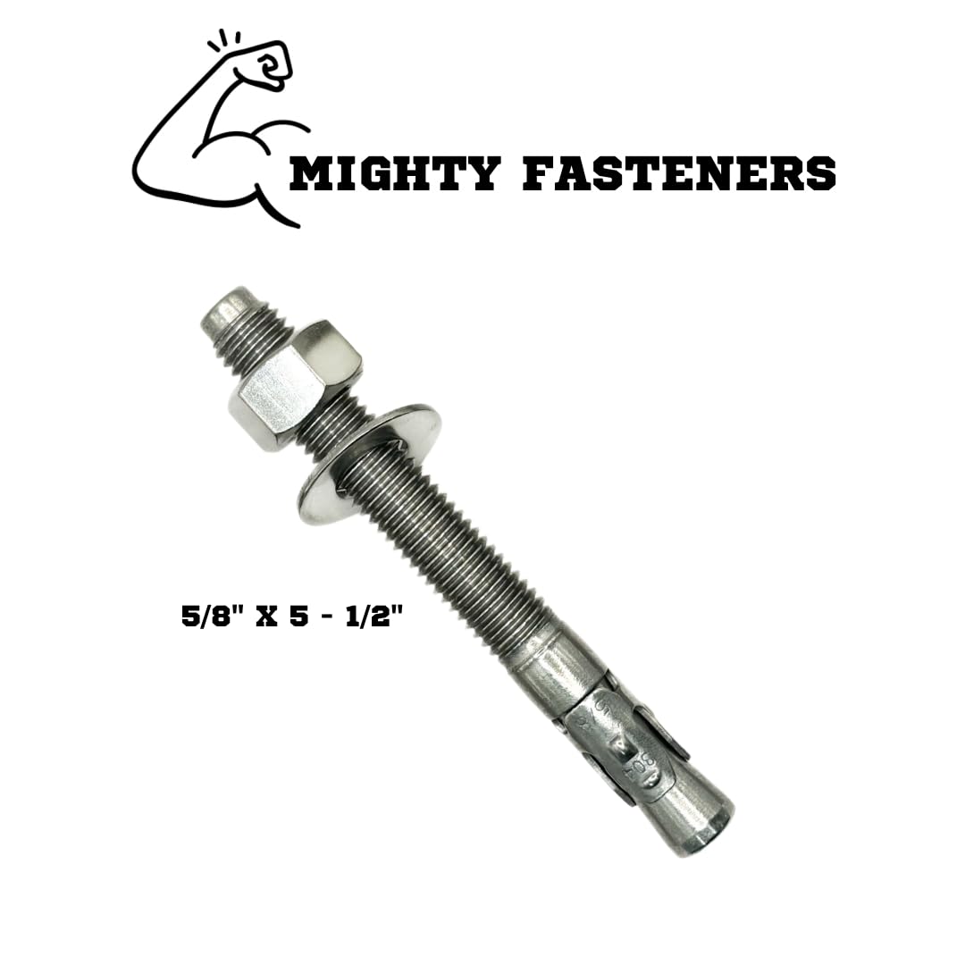Mighty Fasteners Wedge Anchors – Heavy-Duty 304 Stainless Steel Expansion Bolts for Concrete & Masonry, Rust-Resistant & Durable - 5/8' X 5-1/2' - 25 Pack