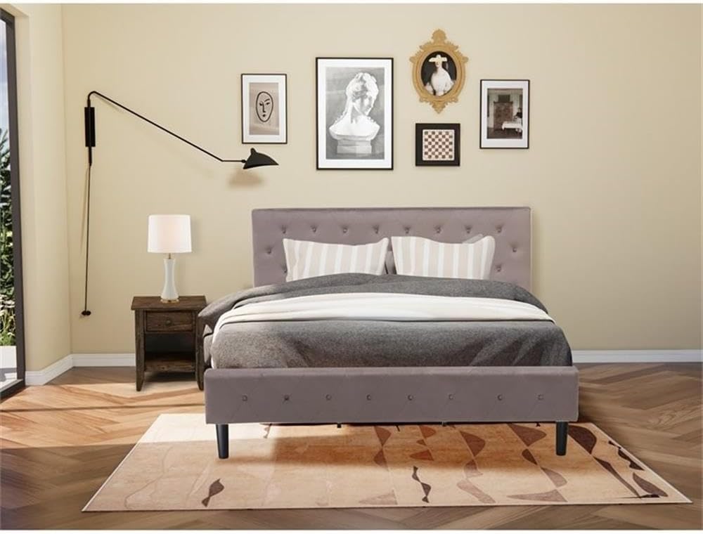 East West Furniture NL14K-1GA07 2 Piece Bedroom Set - King Size Button Tufted Bed - Brown Taupe Velvet Fabric Upholstered Headboard and a Distressed Jacobean Finish Nightstand