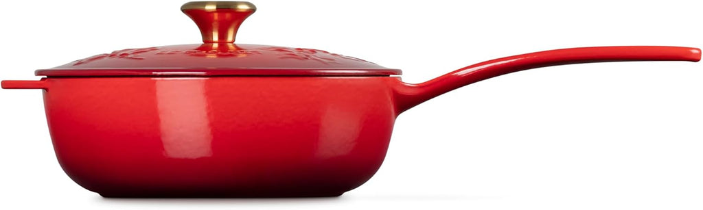 Le Creuset Enameled Cast Iron Holly Collection Saucier, 2.25 qt., Cerise with Gold Knob