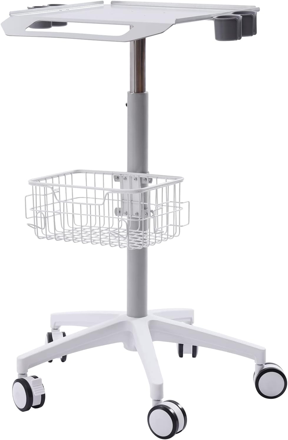 Mobile Trolley Cart Medical Cart, 33.46'-43.71' Height Adjustable Metal Mobile Trolley with 5 Universal Wheels, Large Tabletop Salon Rolling Cart for Lab, SPAs, Beauty Salons(White)