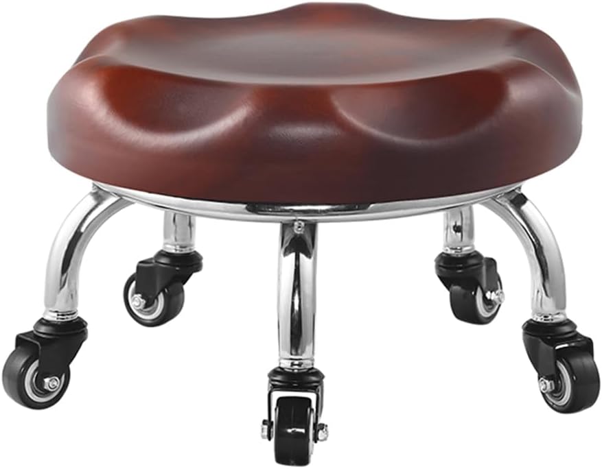 Heavy-Duty Low Roller Stool with 360° Swivel Wheels, Ottoman Footstool, Low-Height Short Rolling Stool Seat, PU Leather Small Mechanic Chair, Rolling Stools for Garage red
