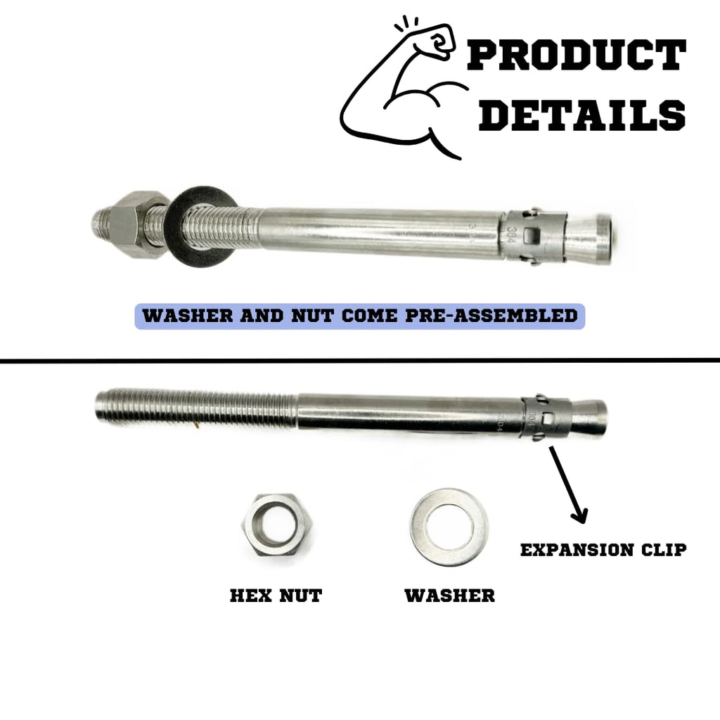 Mighty Fasteners Wedge Anchors – Heavy-Duty 304 Stainless Steel Expansion Bolts for Concrete & Masonry, Rust-Resistant & Durable - 1' X 12' - 5 Pack