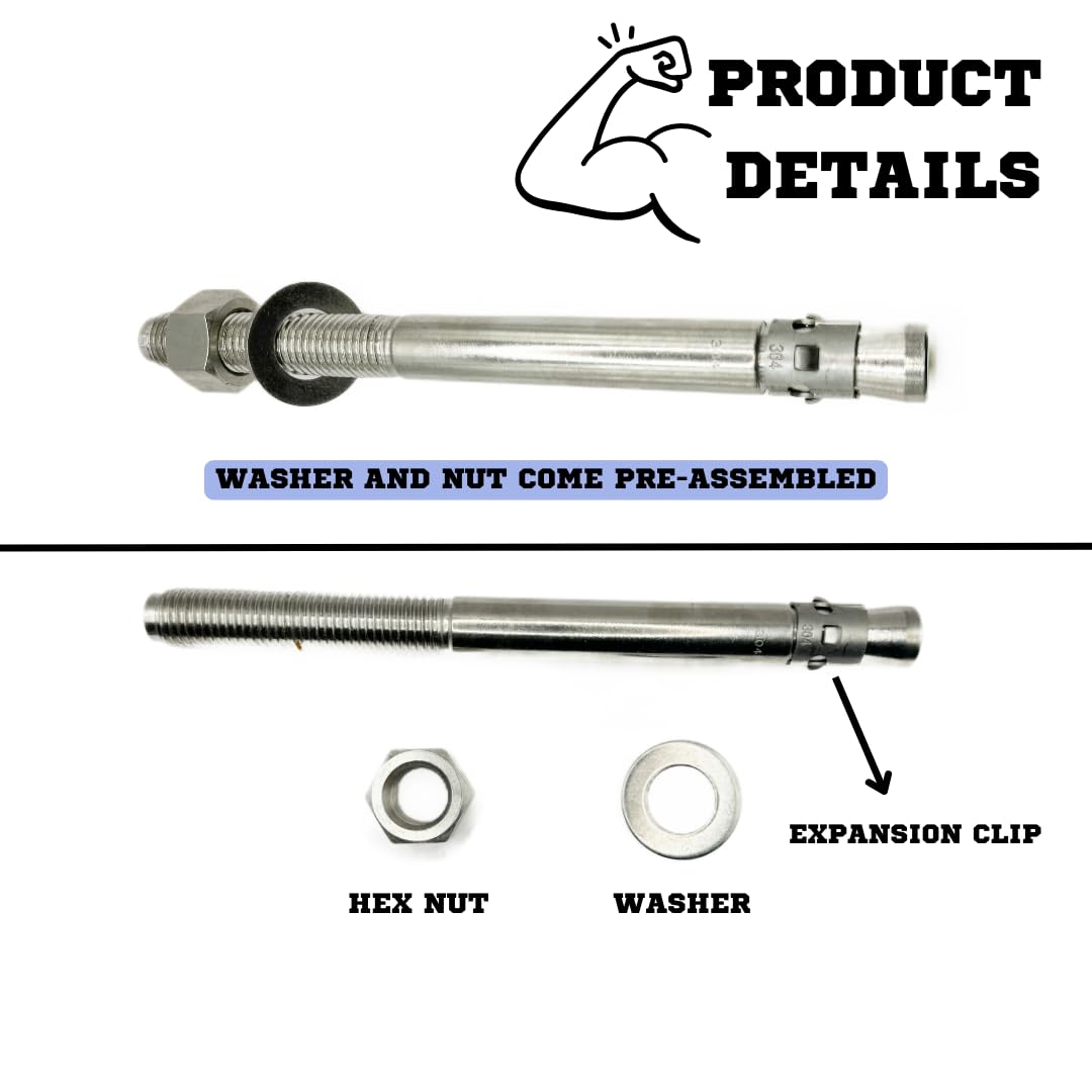 Mighty Fasteners Wedge Anchors – Heavy-Duty 304 Stainless Steel Expansion Bolts for Concrete & Masonry, Rust-Resistant & Durable - 1' X 12' - 5 Pack