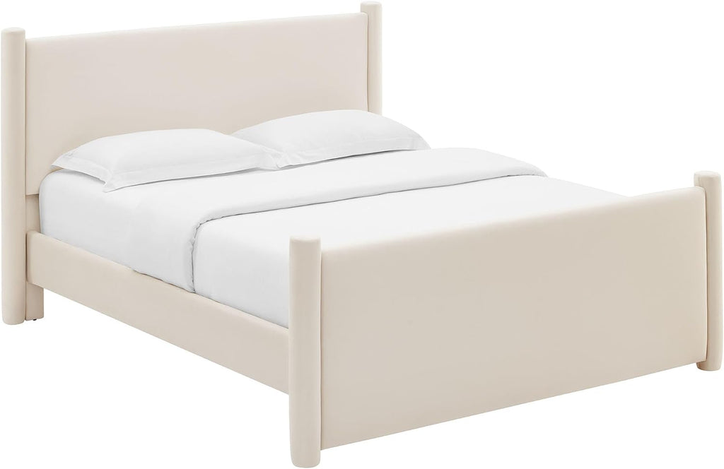 Modway Rael Queen Platform Bed Frame with Upholstered Headboard and Footboard in Alabaster – Stain-Resistant Performance Velvet Queen Size Bed with Rounded Posts