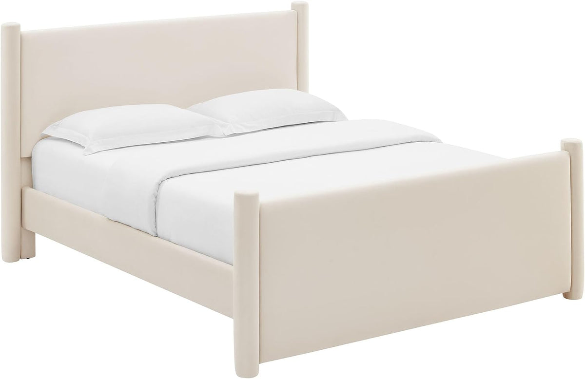 Modway Rael Queen Platform Bed Frame with Upholstered Headboard and Footboard in Alabaster – Stain-Resistant Performance Velvet Queen Size Bed with Rounded Posts
