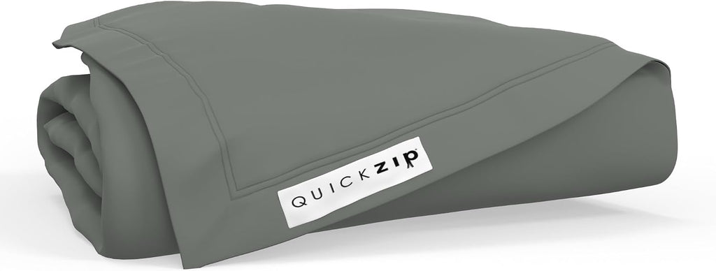 QuickZip Fitted Plus Spare Bundle: 1 Fitted Sheet (Base + Zip Sheet) & 1 Zip Sheet - Easy to Change, Won't Pop Off - Soft Sateen 400 TC 100% Cotton - 15' Deep Pockets RV King Size – Slate Gray