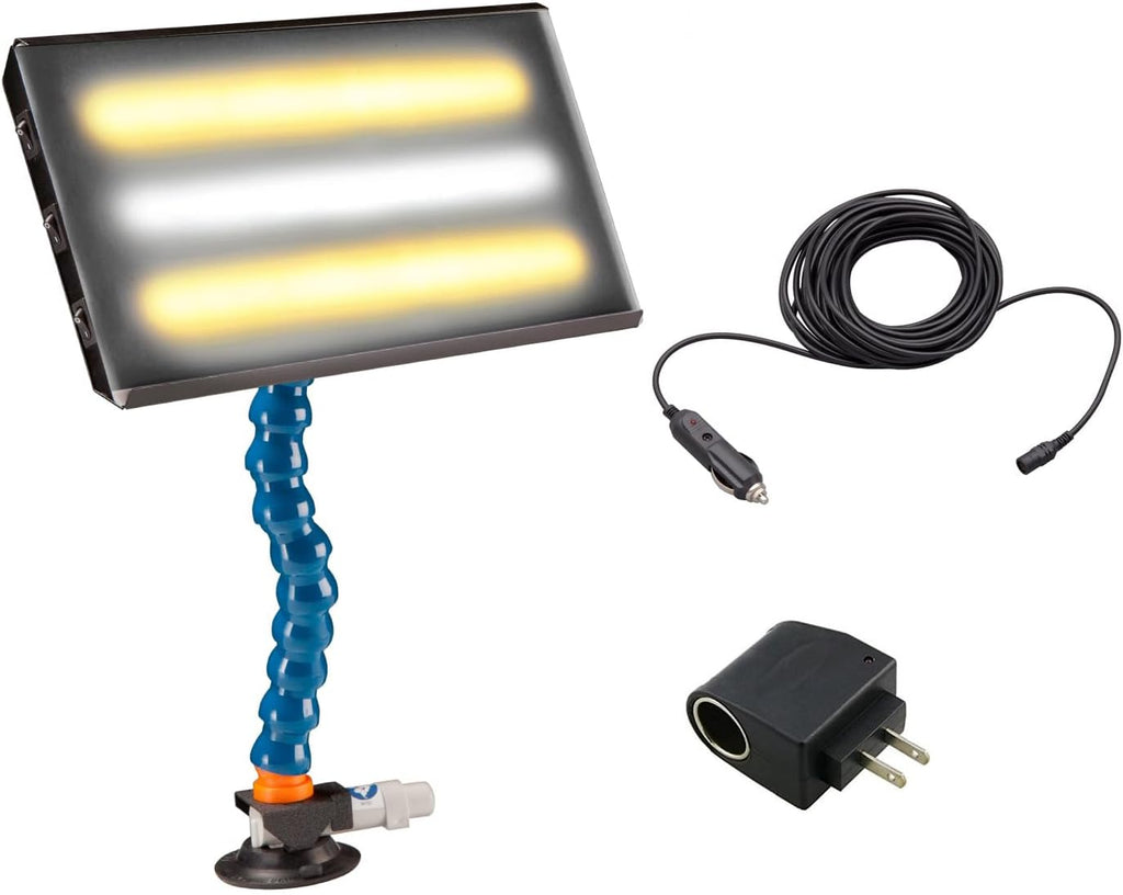 Portable LED Light for Paintless Dent Repair – 13' Panel with Warm/Cool/Warm LED Strips – 12V with 110V Converter, Suction Base, 20ft Power Cord & Car Plug – Dent Magic PDR Tools