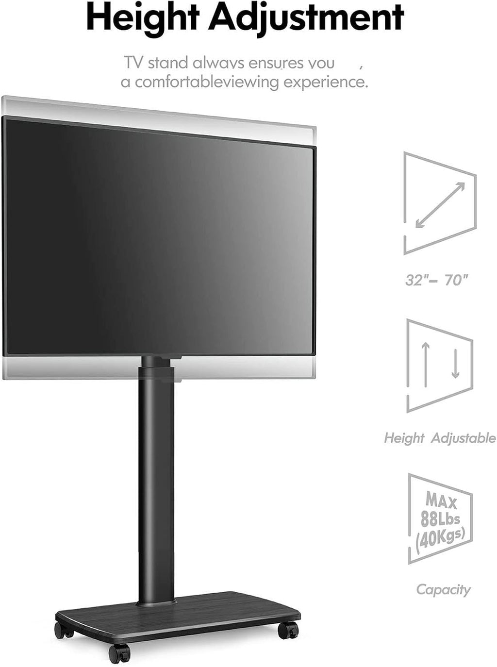37 to 70 Inch Mobile Tv Stand - Mobile Tv Cart On Wheels - Rolling Tv Floor Stand, Portable Tv Stand, Tall Tv Stand with Swivel Mount, Corner Universal Tv Stands for Bedroom