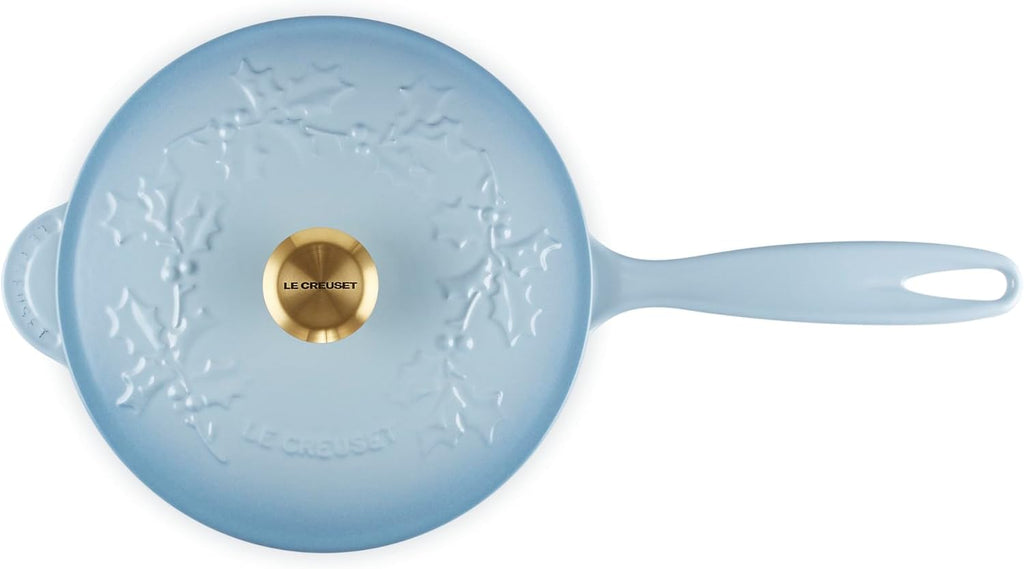 Le Creuset Enameled Cast Iron Holly Collection Traditional Saucier, 2.25 qt., Coastal Blue with Gold Knob