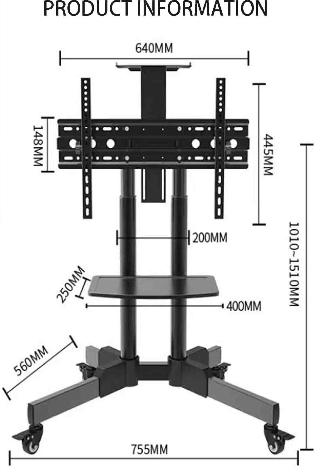 Mobile TV Stand,TV Stand Floor Movable 32-70 Inch Universal Cart Wheels, Height Adjustable,600x400mm,Holds Up to 110lbs
